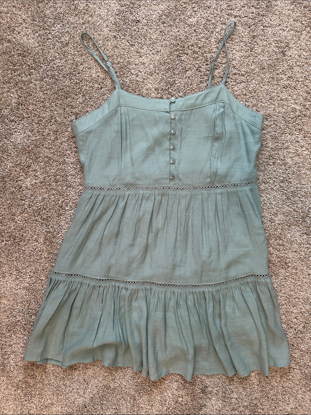 Love Tree L Boho Cottagecore Green Tiered Mini Dress Button Accents